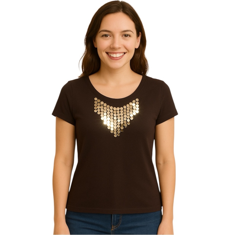 Sequined Black T-Shirt. Embellishment.  Vintage. Size Petite Small.